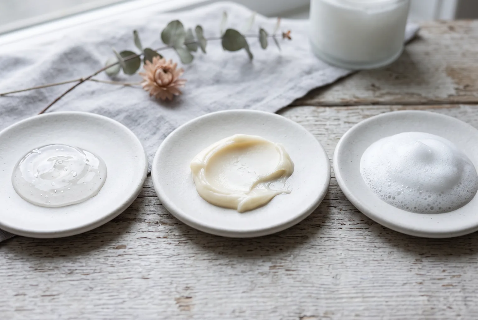 Three cleanser textures displayed on ceramic dishes: gel, balm, foam