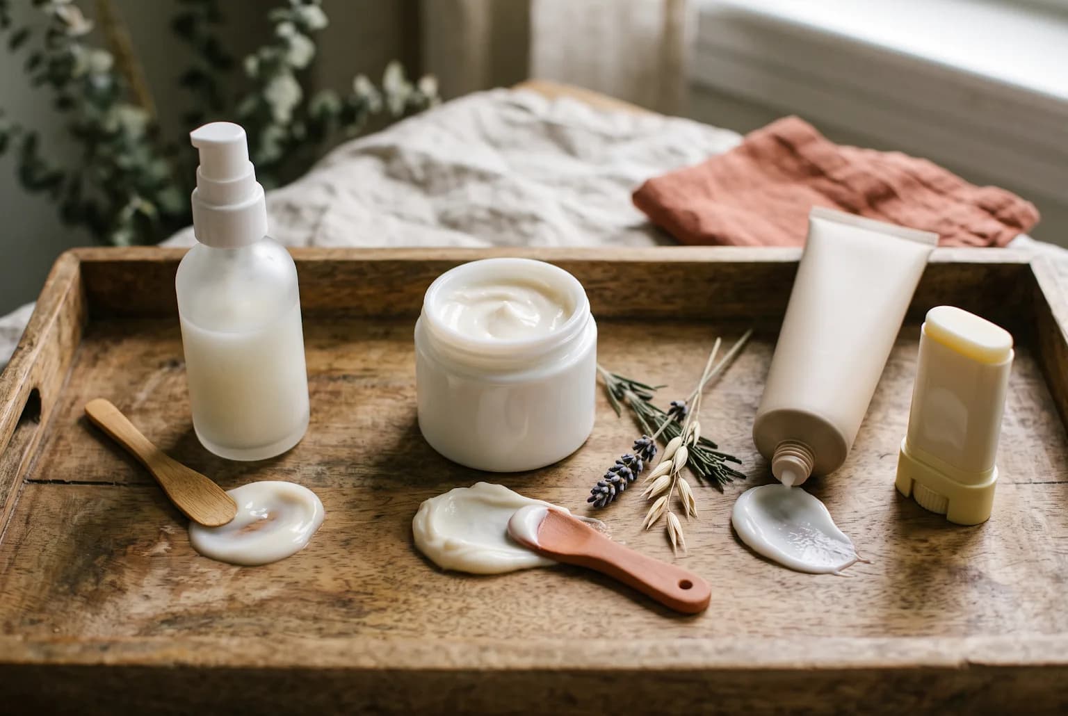 Three moisturizer formats on wooden tray with texture swatches