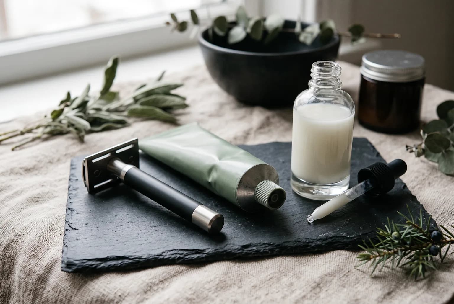 Shave cream, razor, and post-shave balm on slate dish