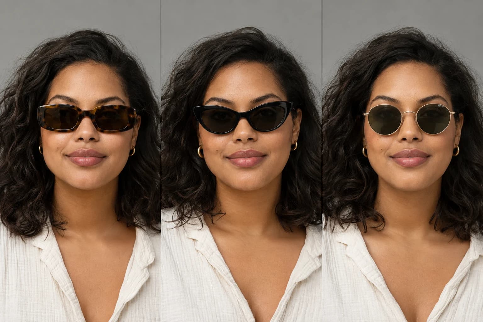 Three side-by-side portraits of a woman wearing rectangular, cat-eye and round sunglasses.