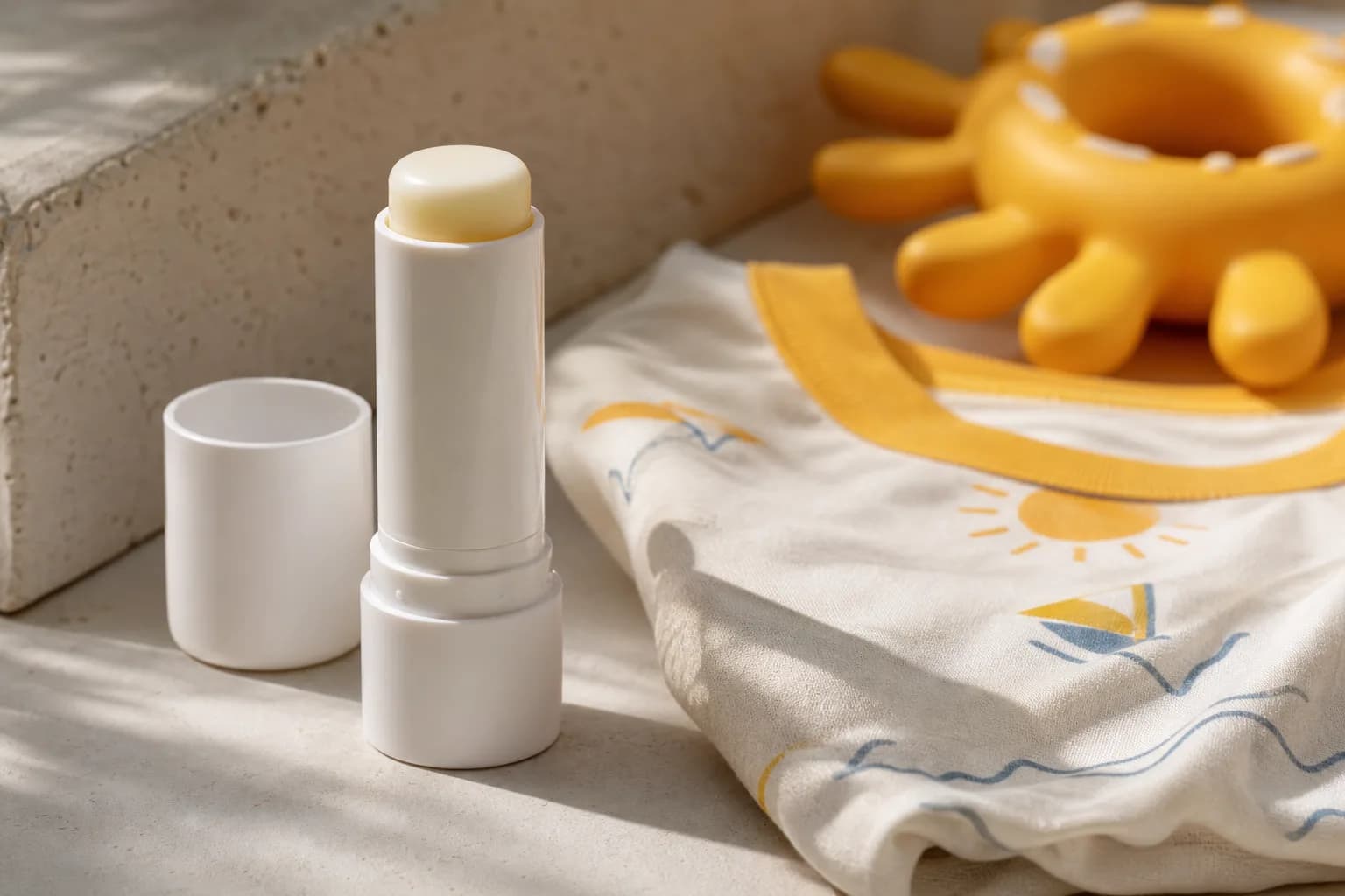 Uncapped white sunscreen stick next to a child's tee and swim toy; warm light