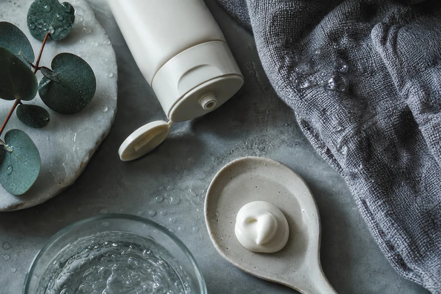 Spoon with pearly mineral sunscreen dollop beside lotion bottle and towel; cool tones