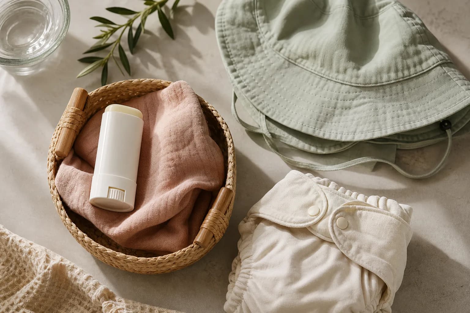 Basket with travel sunscreen stick, baby sun hat, and cloth diaper in soft light