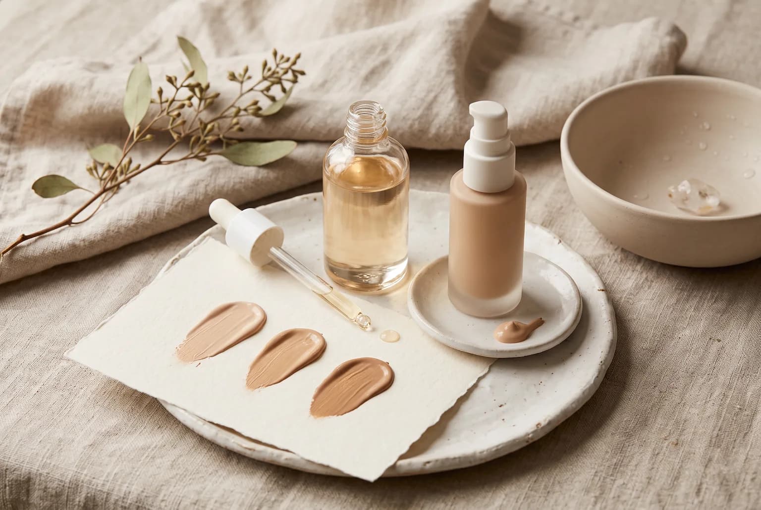 Still life of tinted moisturizer swatches, a pump bottle and dropper on textured paper