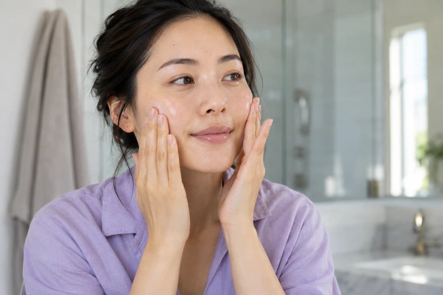Woman pressing both palms against her cheeks in a bright bathroom.