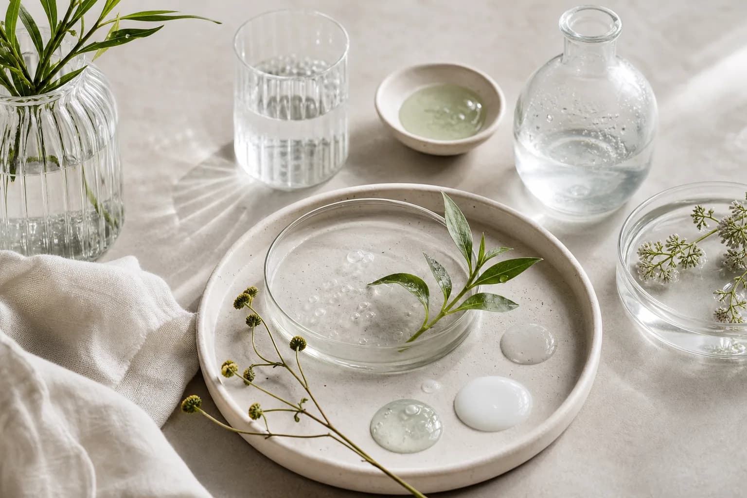 Clear and pale green gel samples arranged on a plate beside glasses of water.