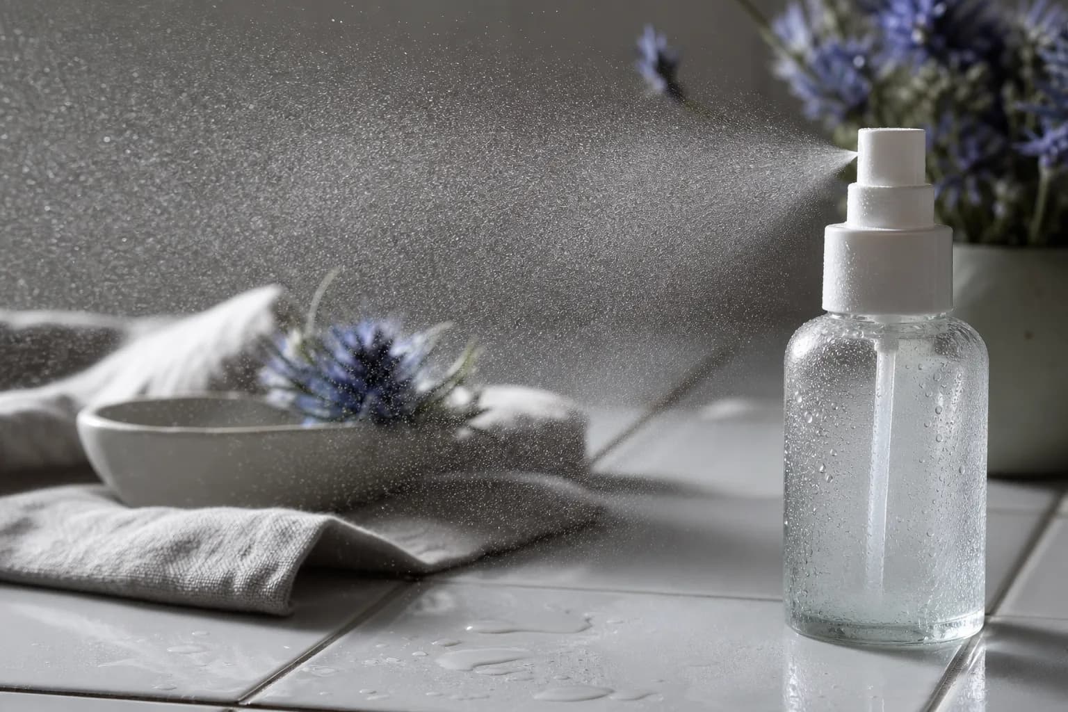 Unlabelled spray bottle of clear liquid on wet tiles beside a folded towel.