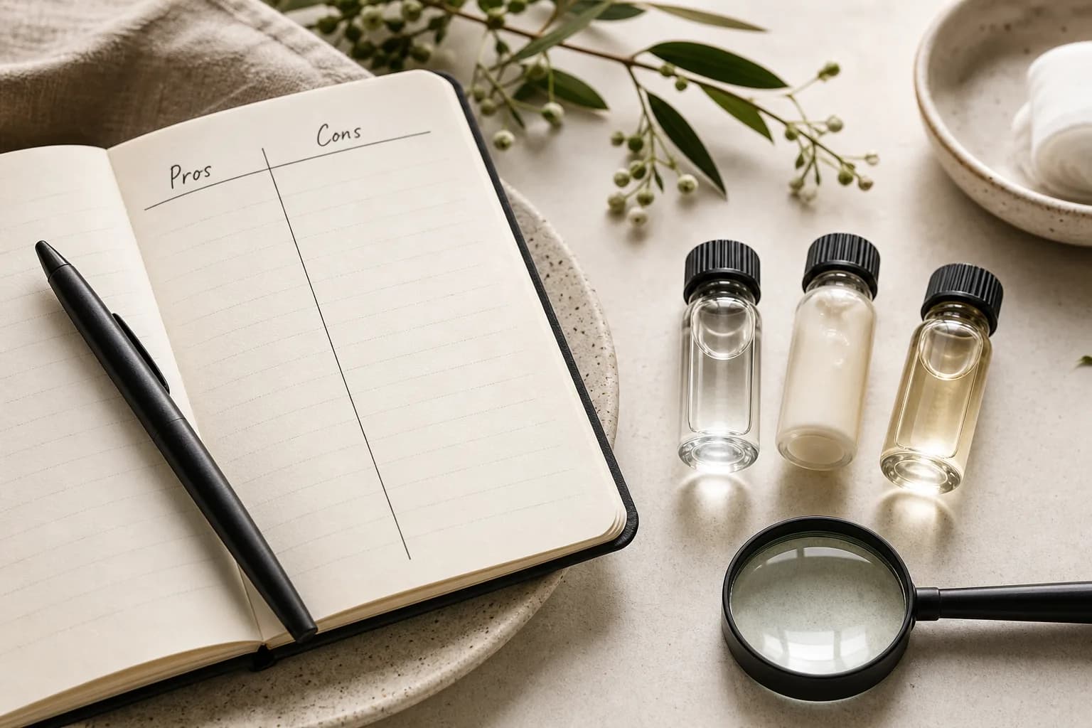 Open notebook with Pros and Cons columns beside three sample vials and a magnifying glass.