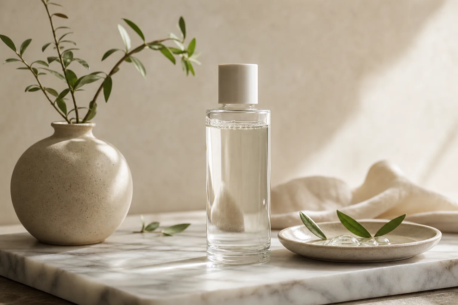 Glass toner bottle on marble with a small dish of humectant drops and a green sprig