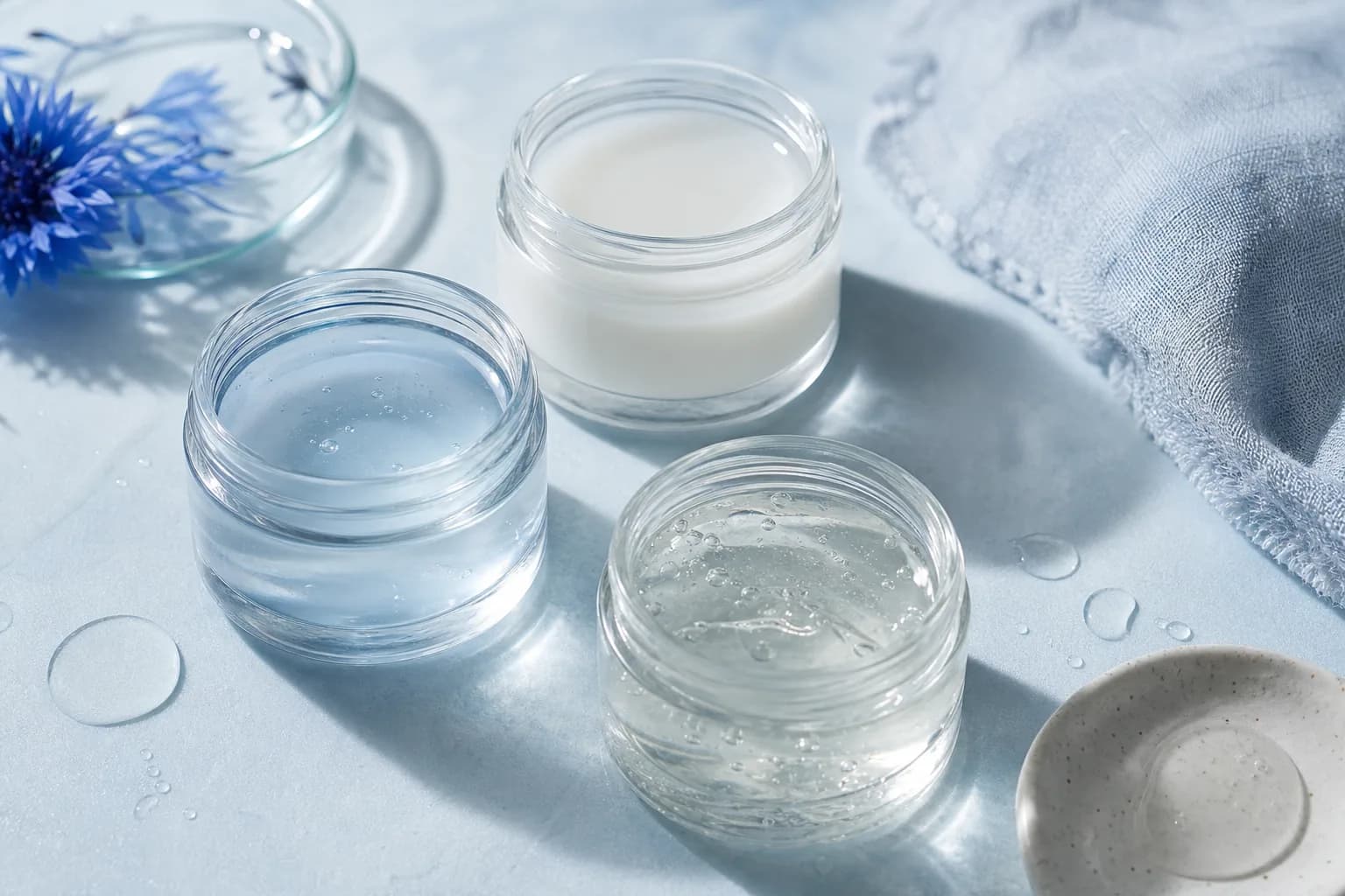 Close-up of three skincare textures: watery, milky, and serum-like on a pale blue surface