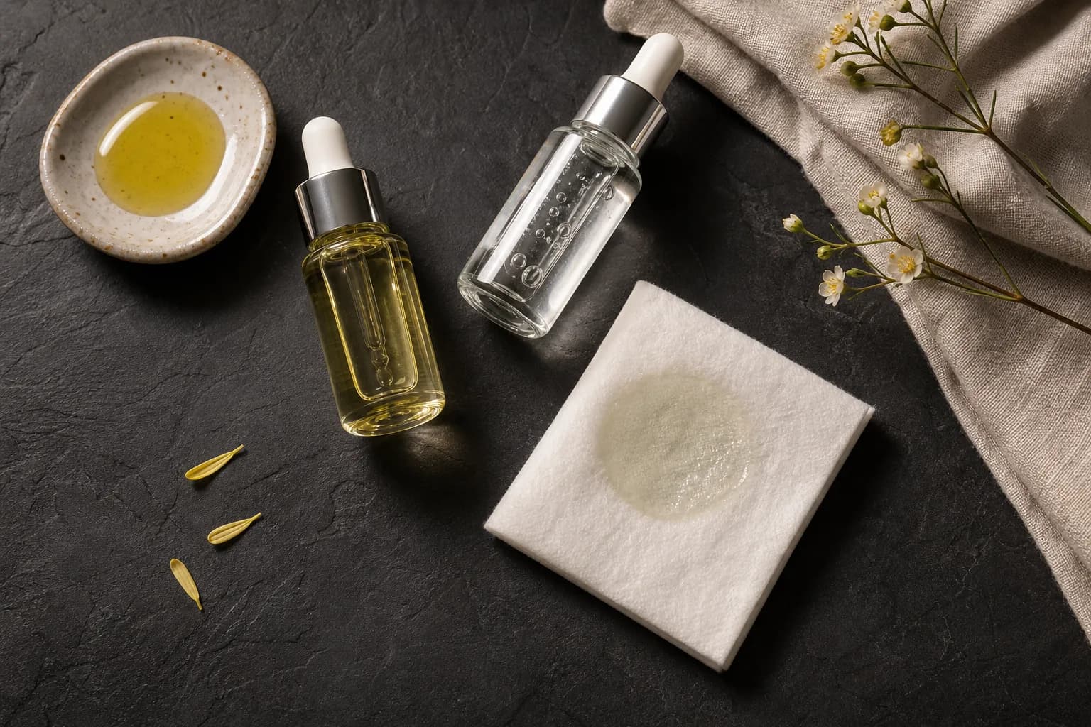 Droppers and a cotton pad illustrating different application zones for combination skin