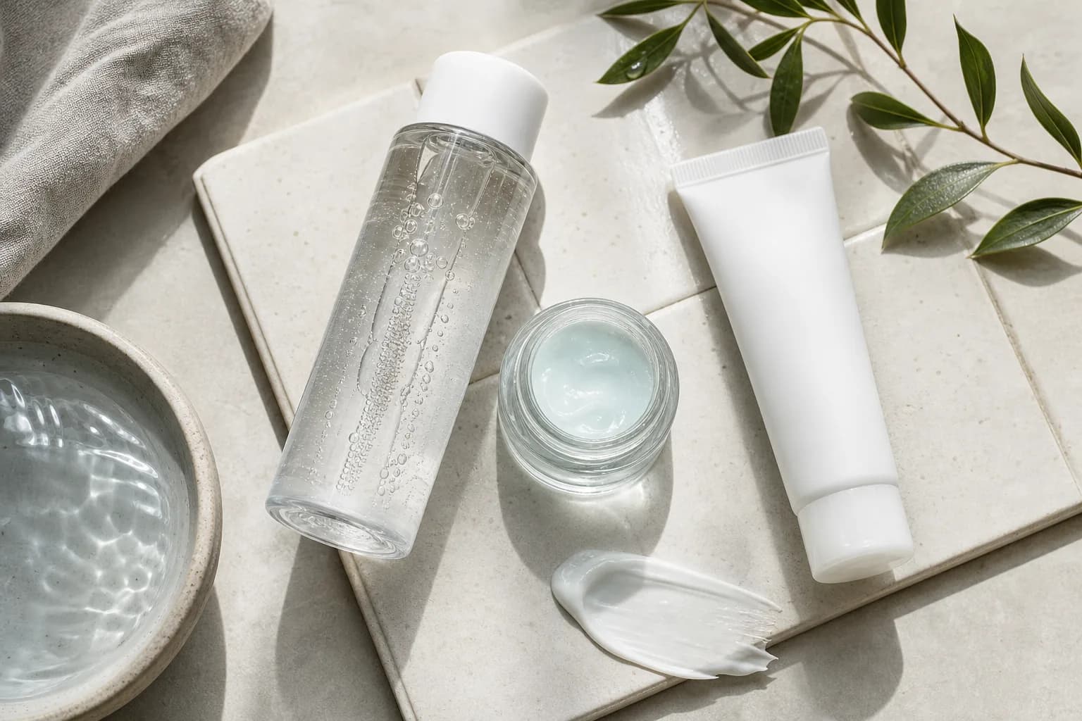 Flatlay of toner with moisturizer and SPF to show morning layering for combination skin