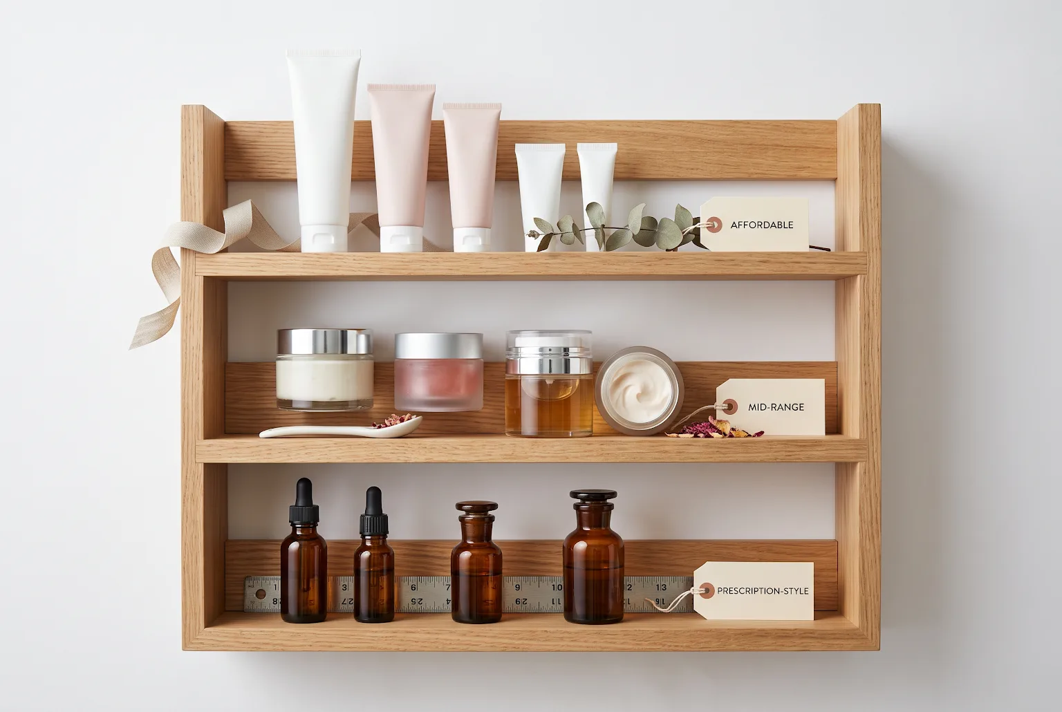 Three tiers of skincare tubes and jars arranged side-by-side to show price tiers