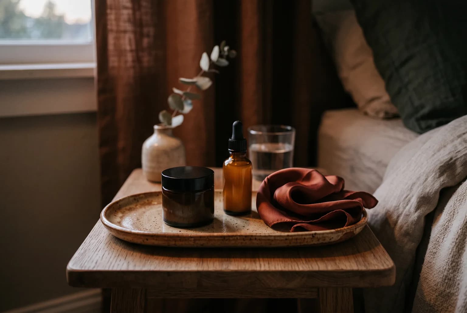 Nightstand tray with night cream jar, small SPF bottle and silk scarf suggesting evening routine