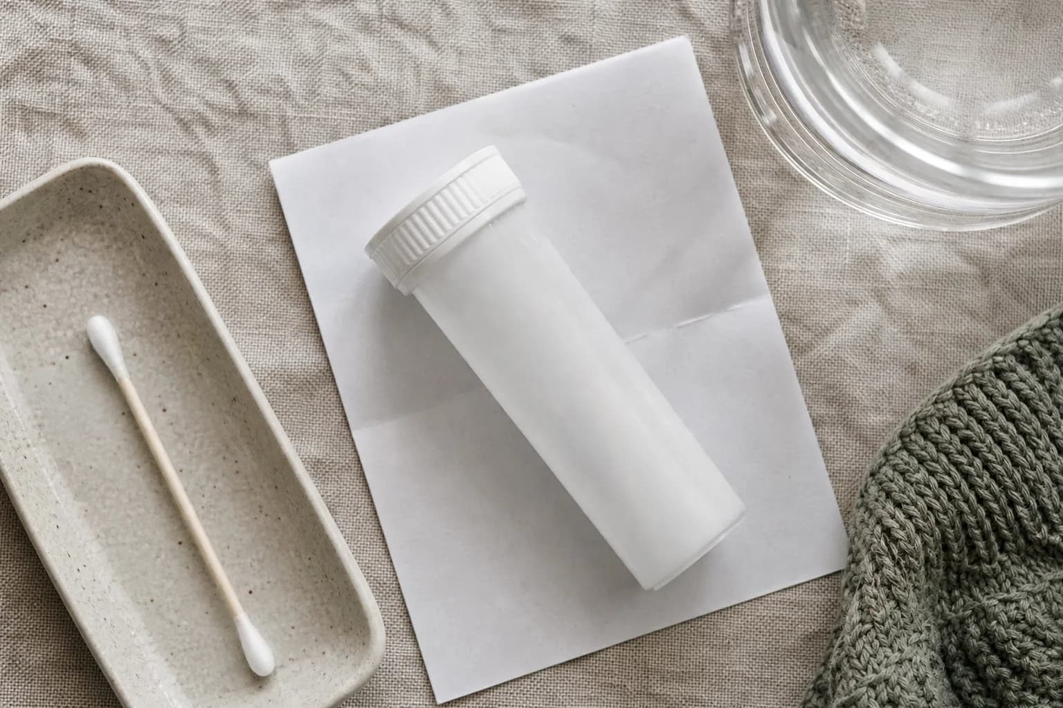 Plain white tube resting on a blank sheet of paper beside cotton swabs.