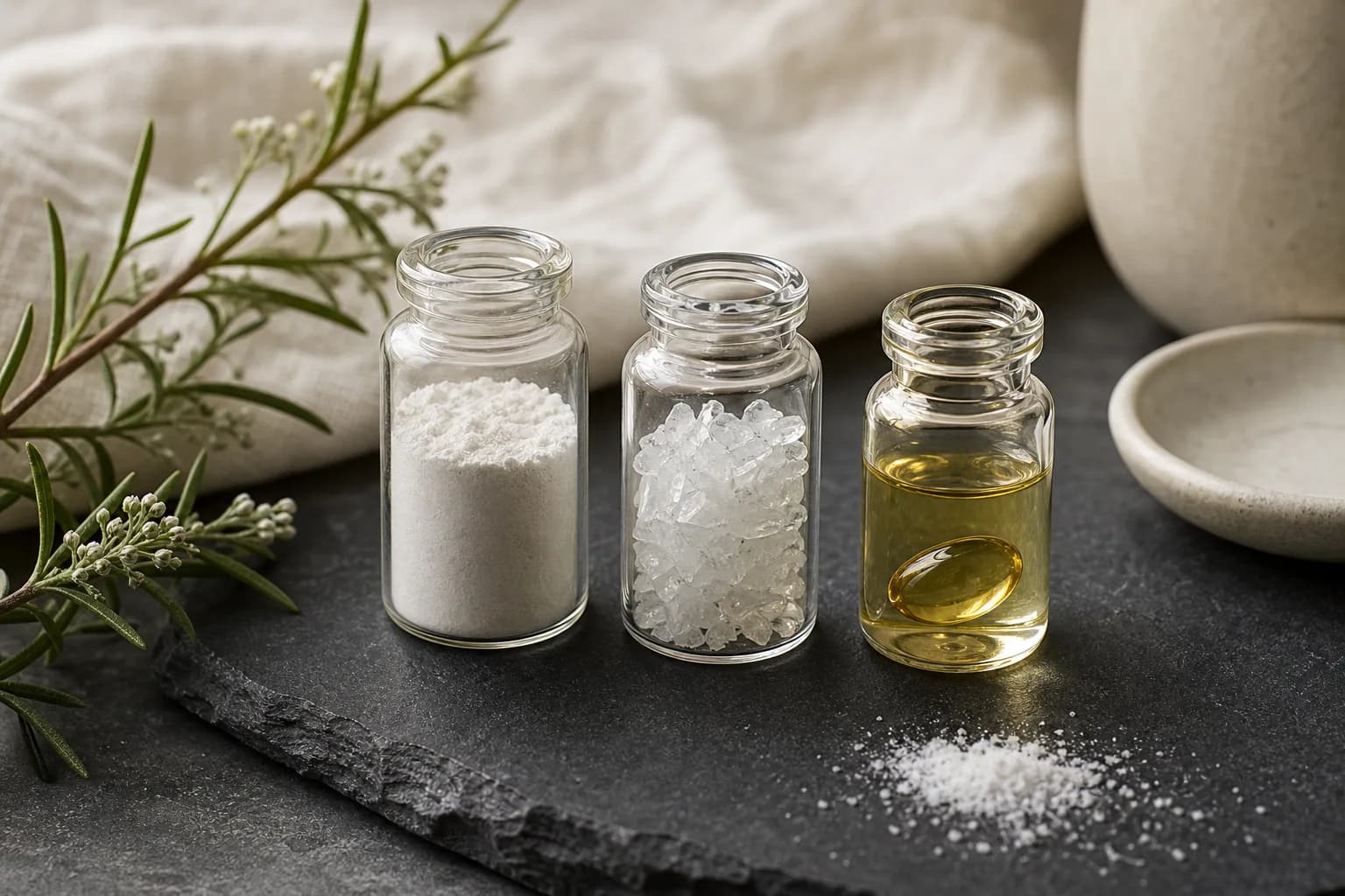 Three glass vials holding white powder, clear crystals and yellow liquid on dark slate.
