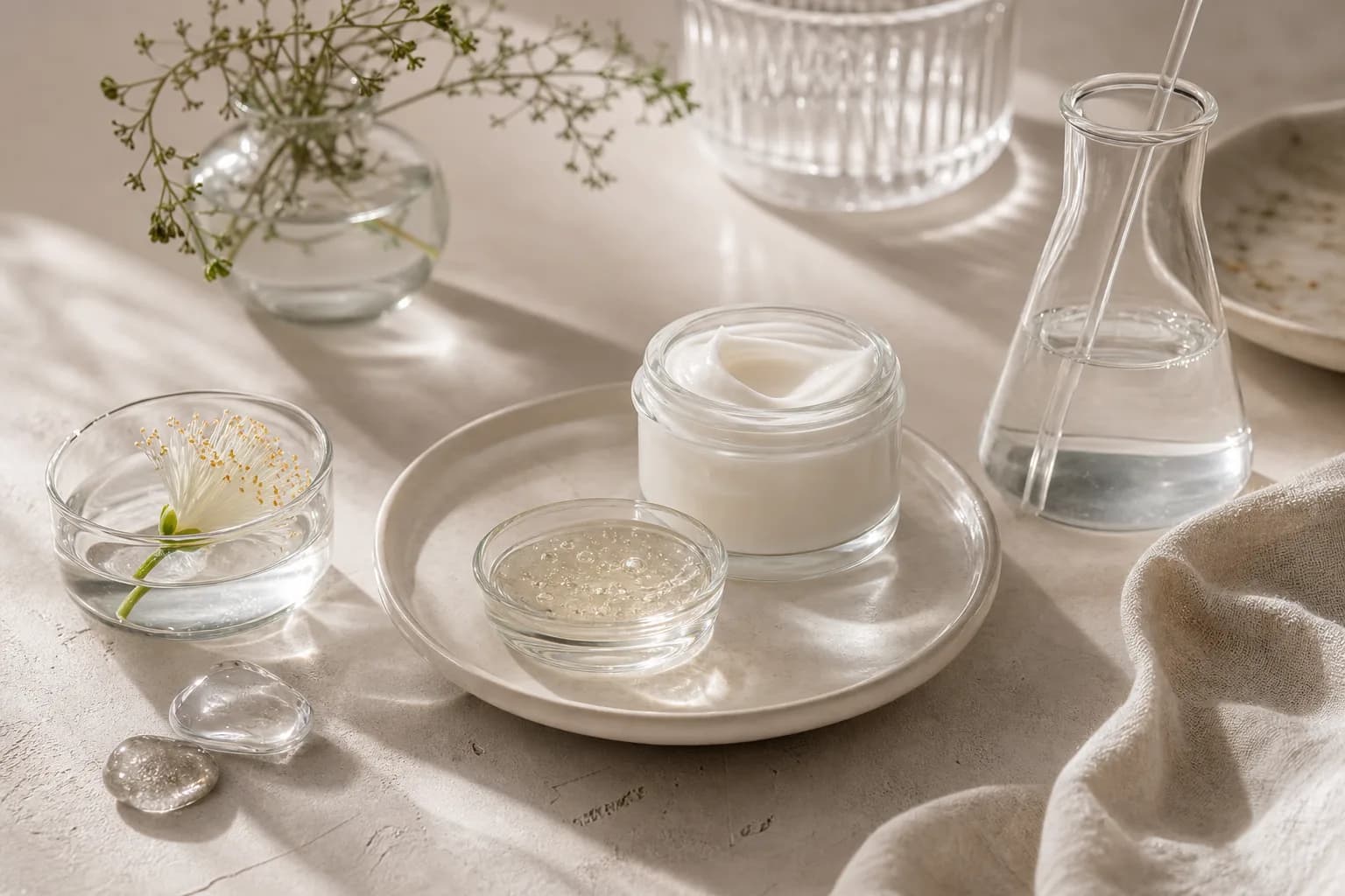 Open cream jar and clear gel dish on a tray beside a flask and glass of water.