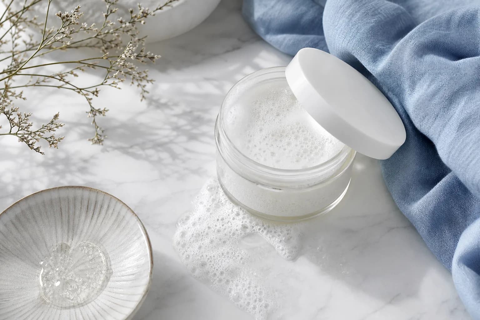 Foaming cleanser jar with airy bubbles on marble — hero image