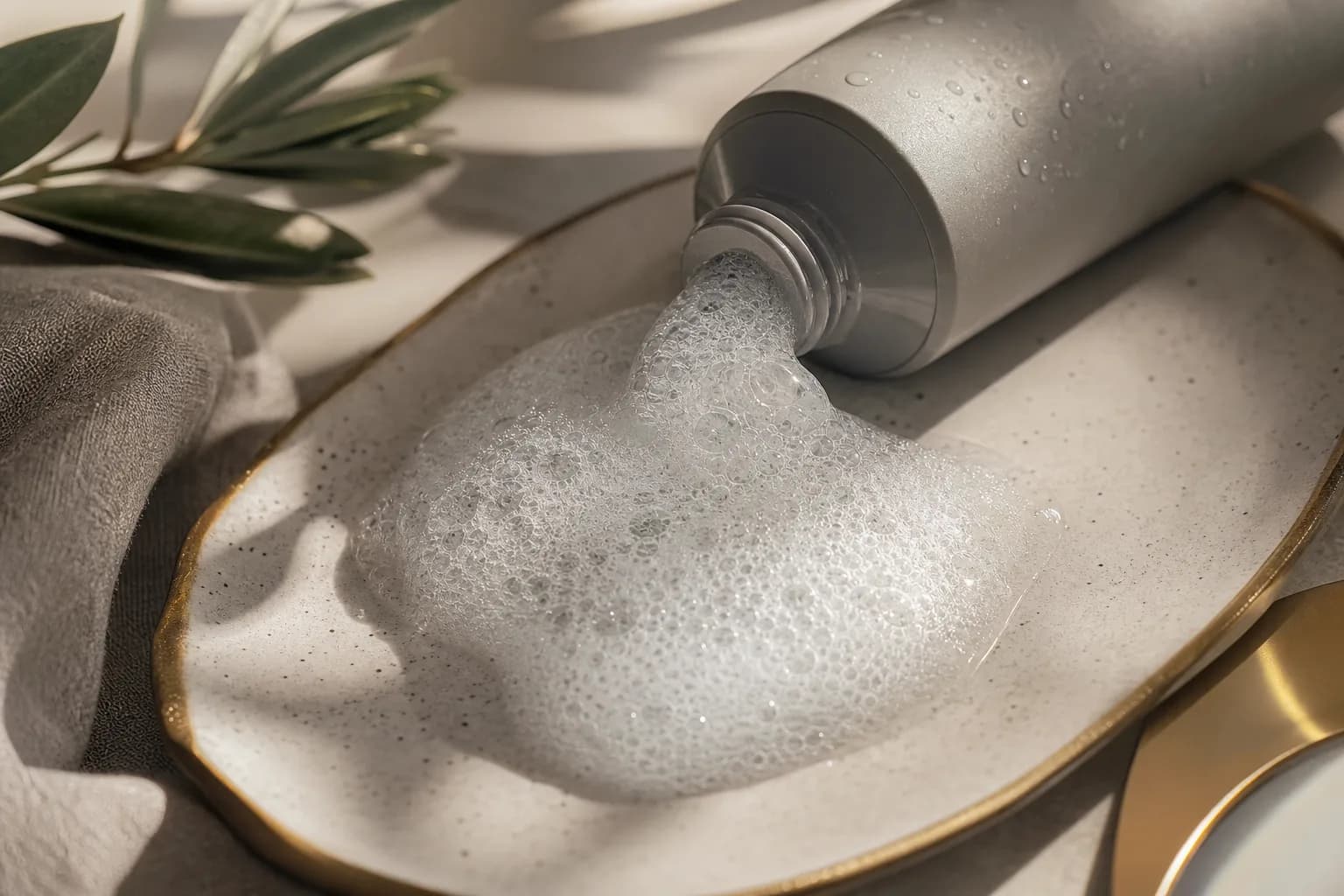 Tube of bubble mask on ceramic dish with fizzing foam