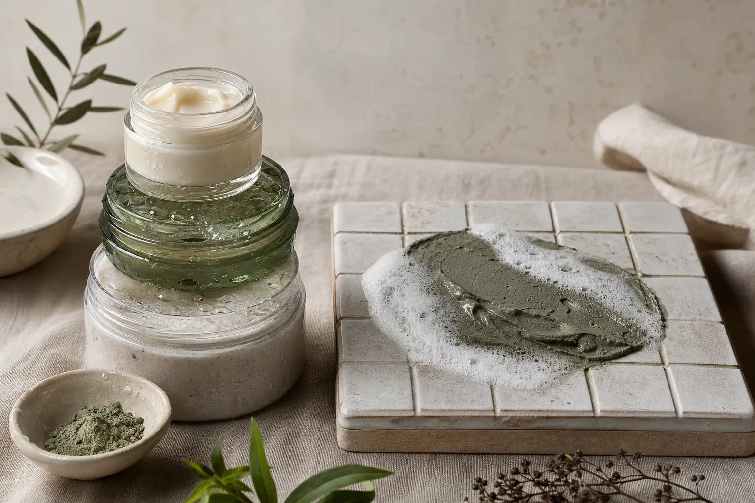 Stacked skincare jars with sample of foam and dried mask textures