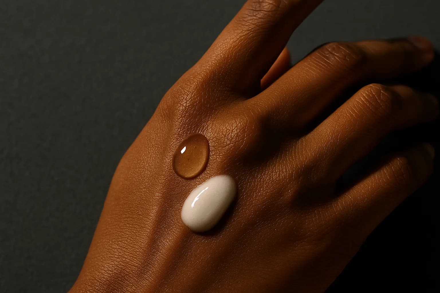 Close-up of clear fluid and pearly gel serum textures on the back of a hand.