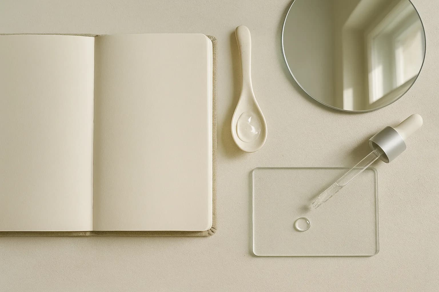 An overhead arrangement of serum textures and morning-routine tools in soft natural light.
