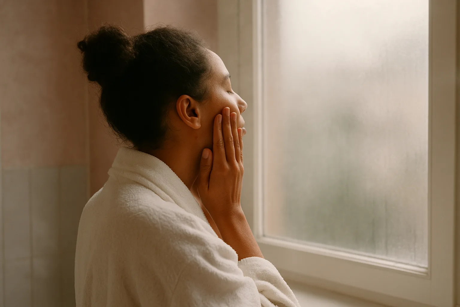 A person gently pressing skincare into their cheeks beside a softly lit bathroom window.