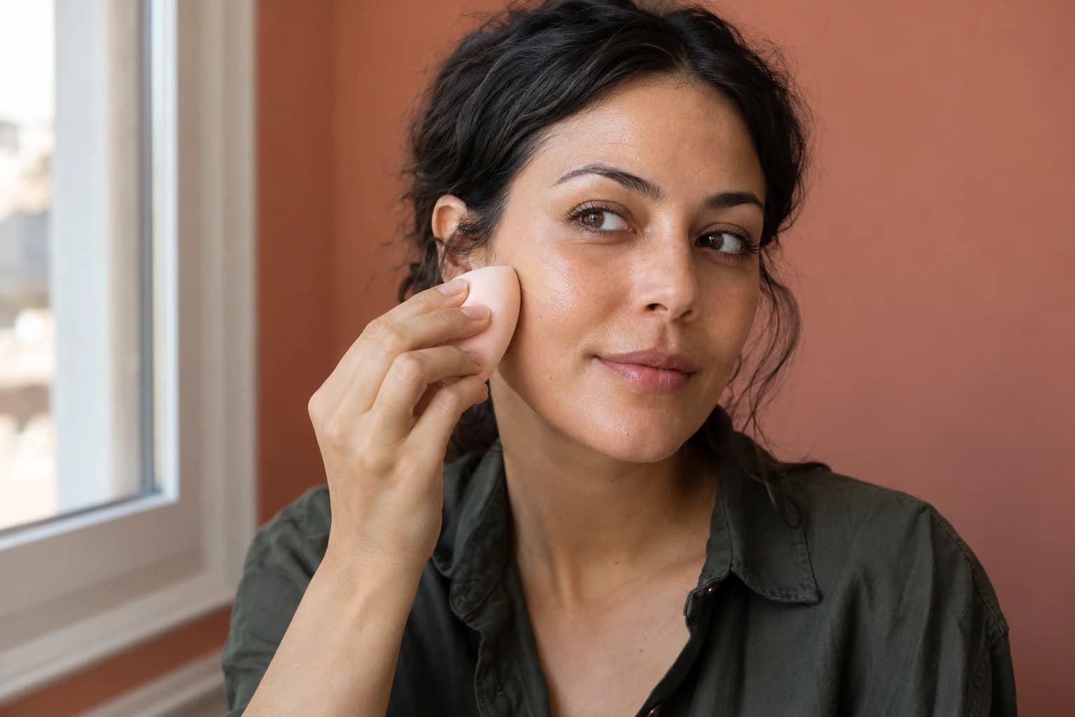 Woman using a pink makeup sponge to blend a skin-toned product onto her cheek.
