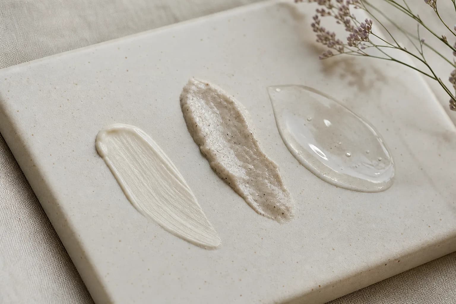 Swatches of cream, grainy paste and clear gel arranged on a pale tile.