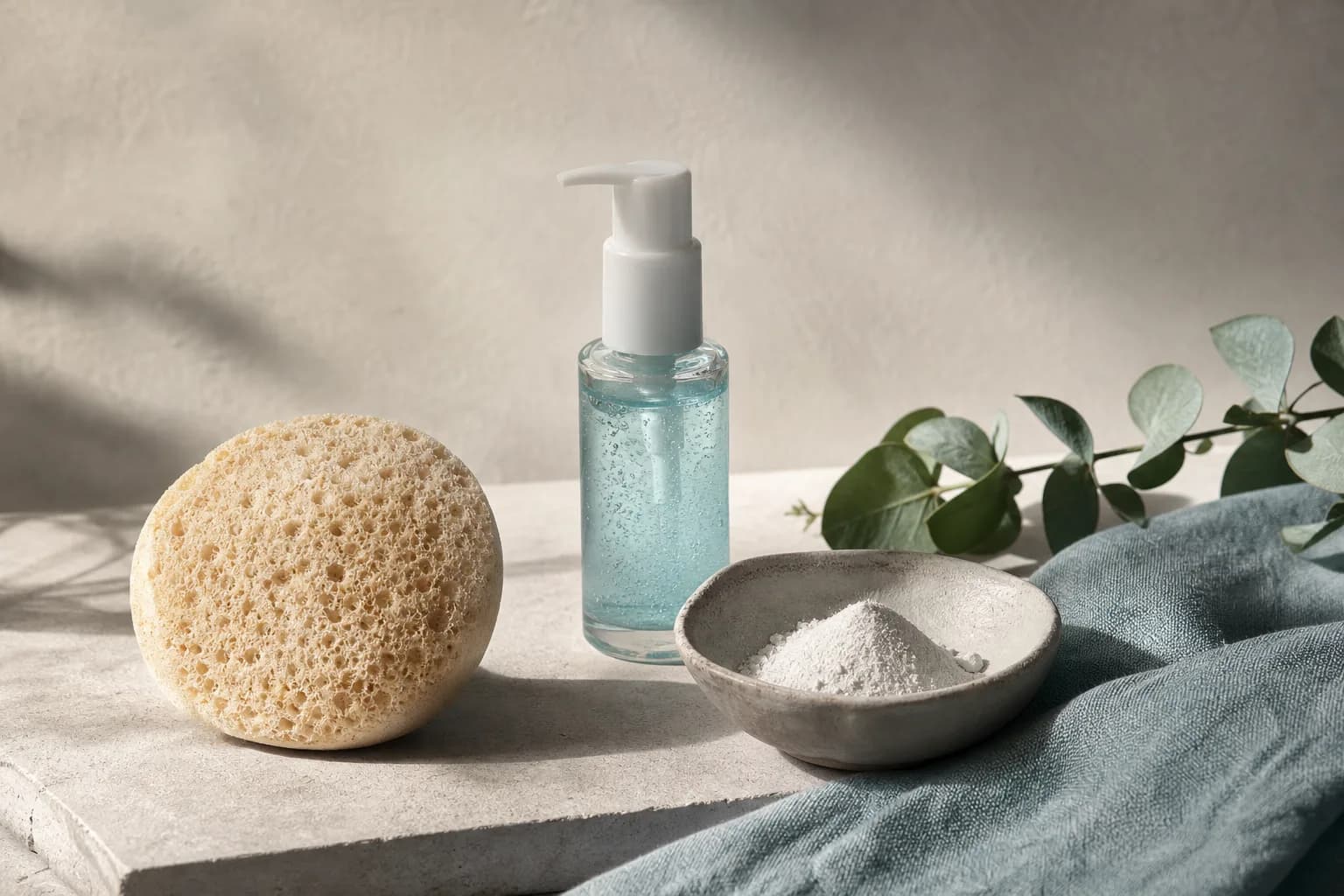 Round sponge, small blue pump bottle and a bowl of powder beside a blue towel.