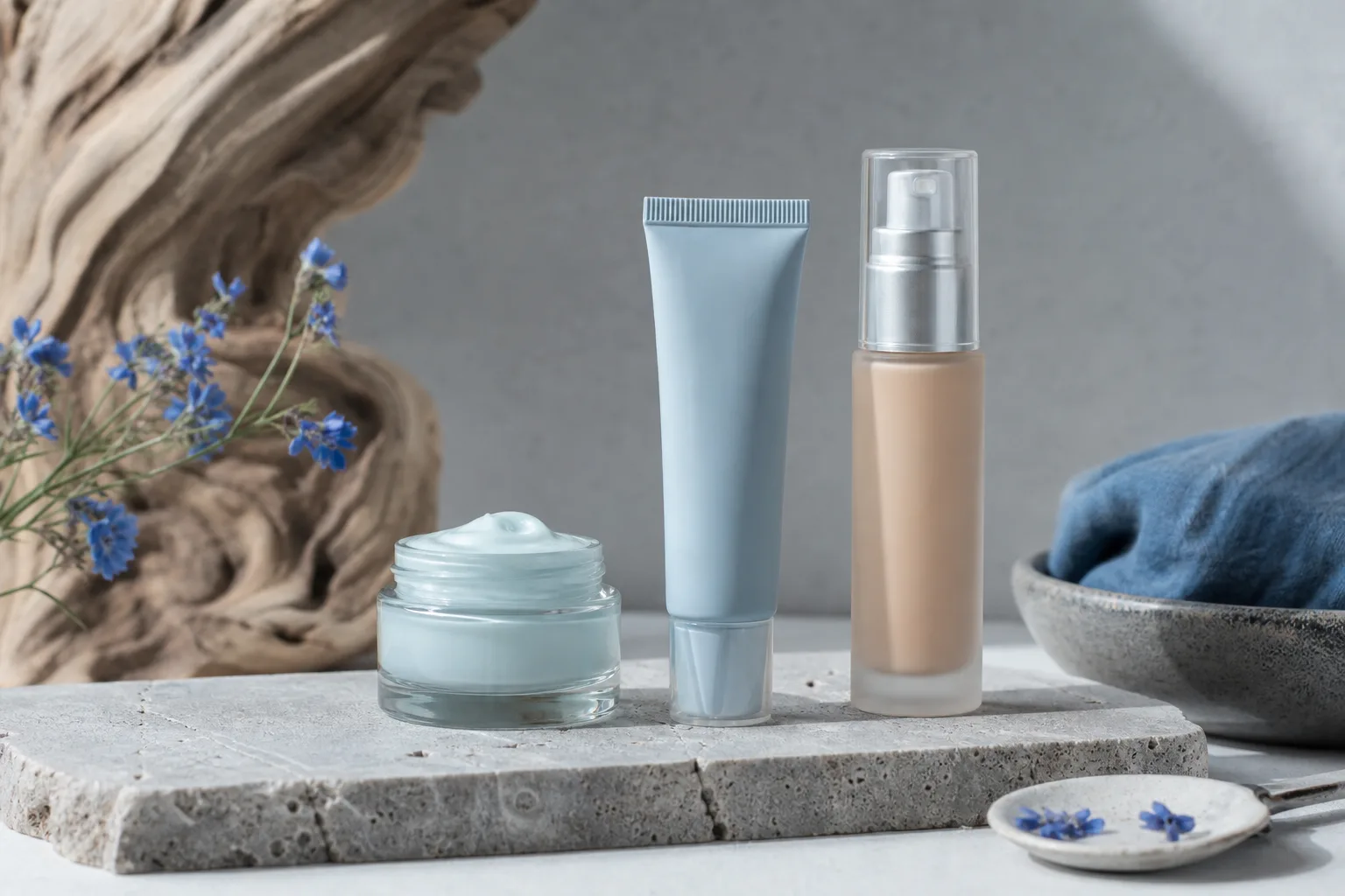 Pale blue cream jar and tube beside an unlabelled bottle of skin-toned liquid.