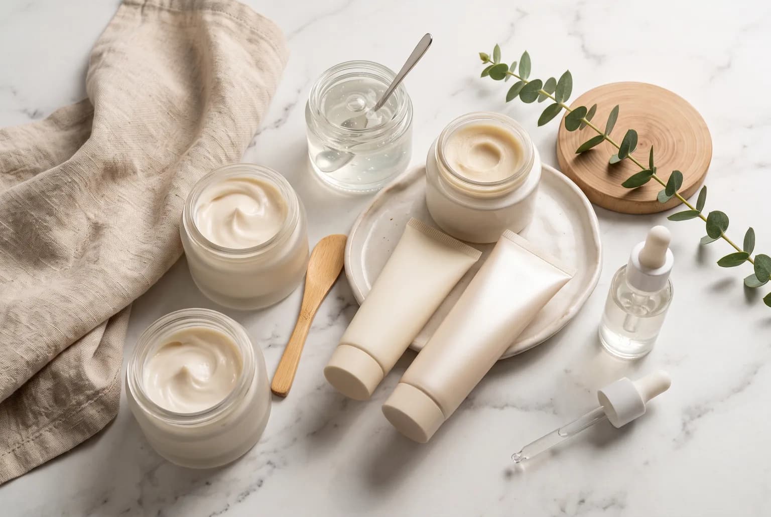 Flat lay of skincare tubes and jars on marble with soft shadows
