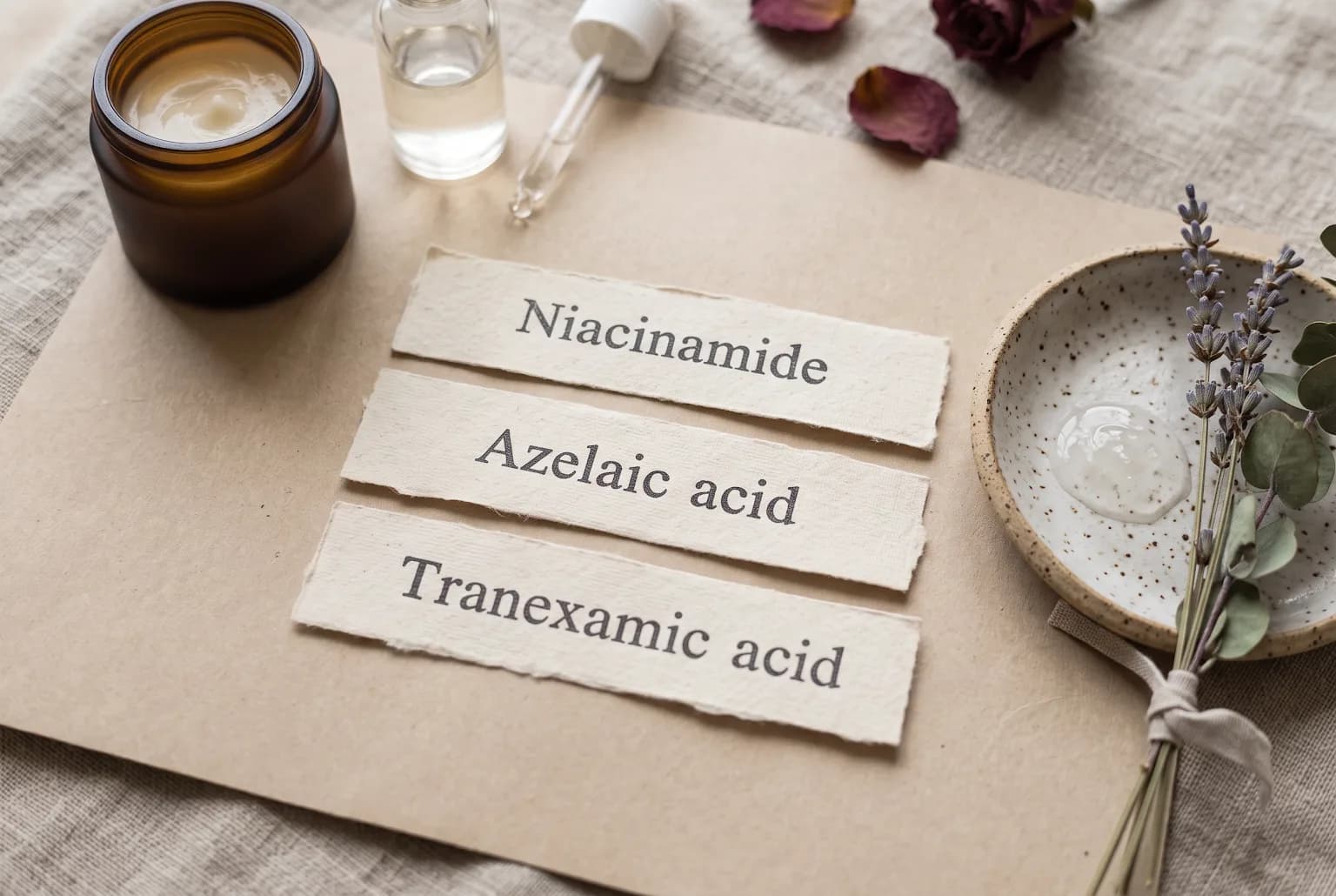 Paper strips naming niacinamide, azelaic acid, tranexamic acid on beige background