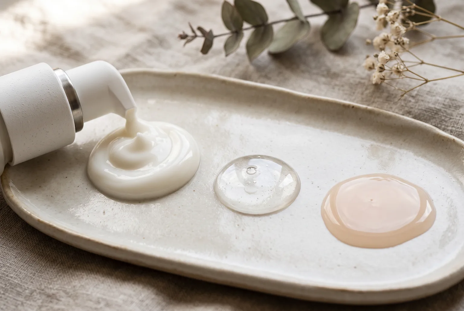 Three skincare textures: cream, gel, serum droplets on porcelain tray