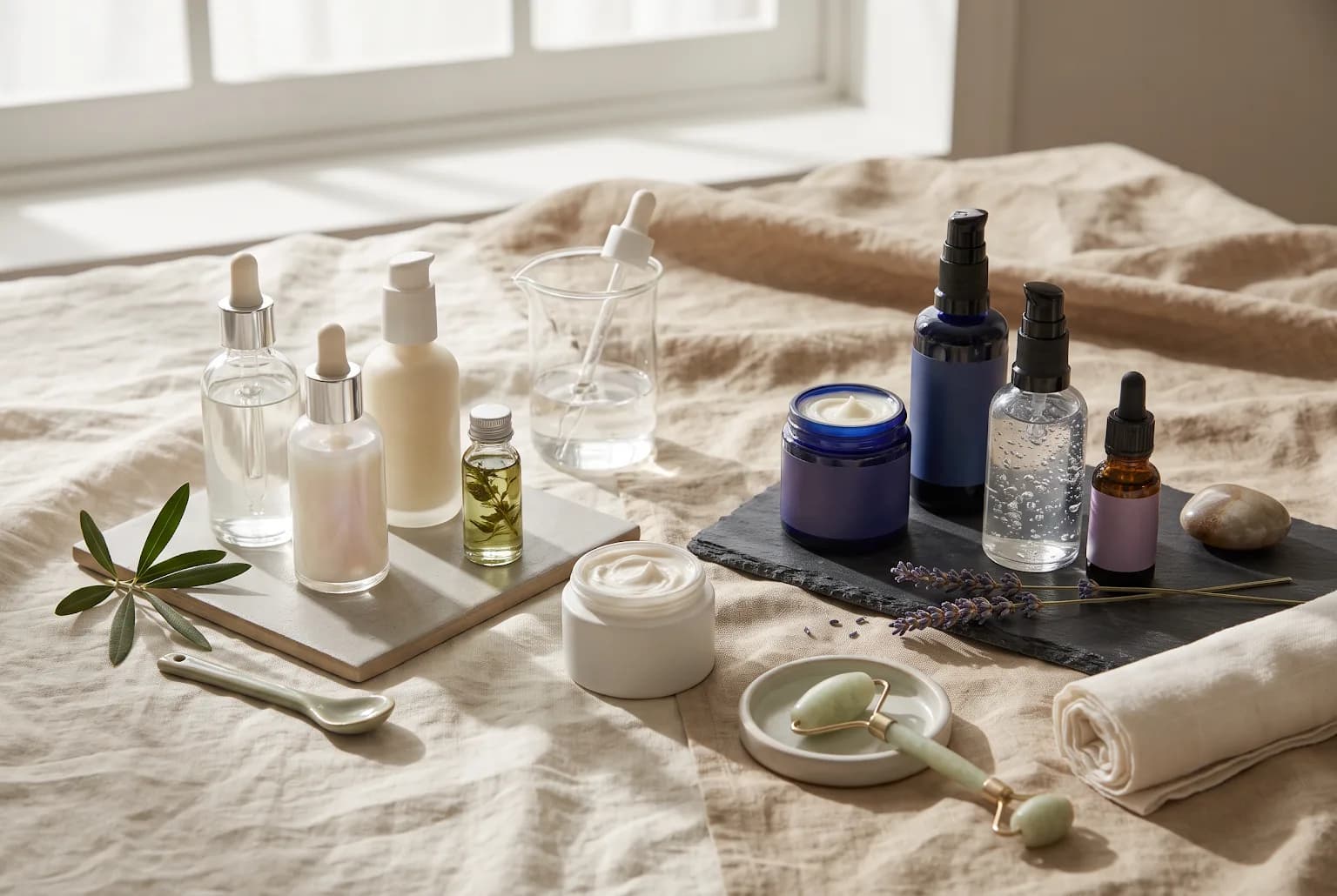 Four open containers showing gel, cream, oil and lotion textures