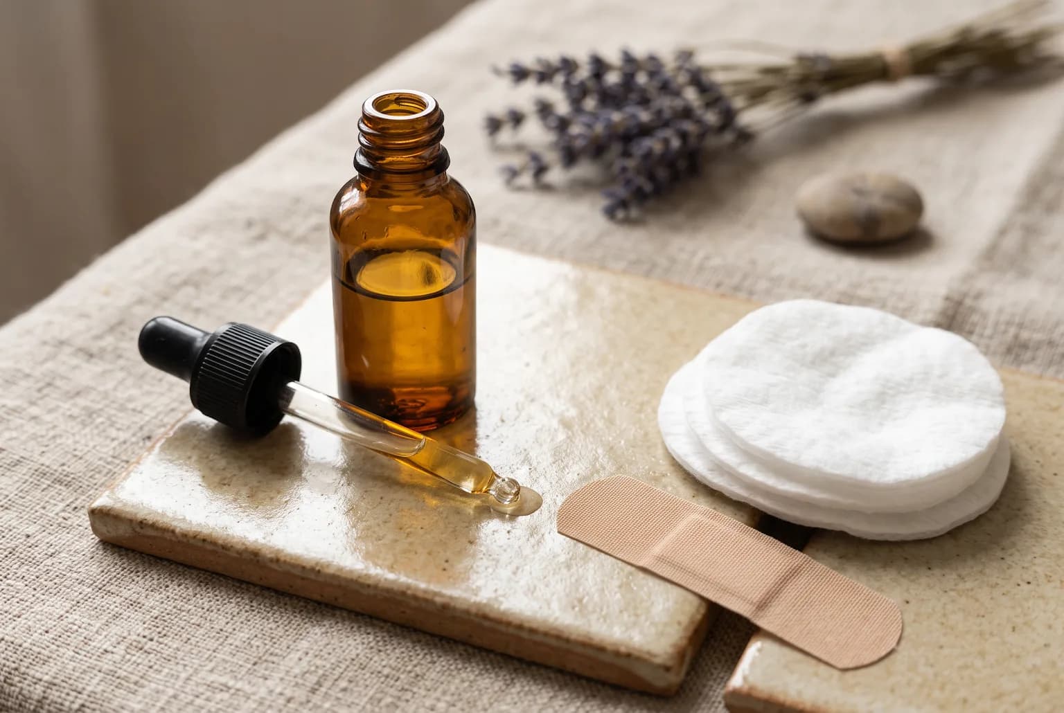 Dropper bottle, cotton pads and bandage strip for patch test