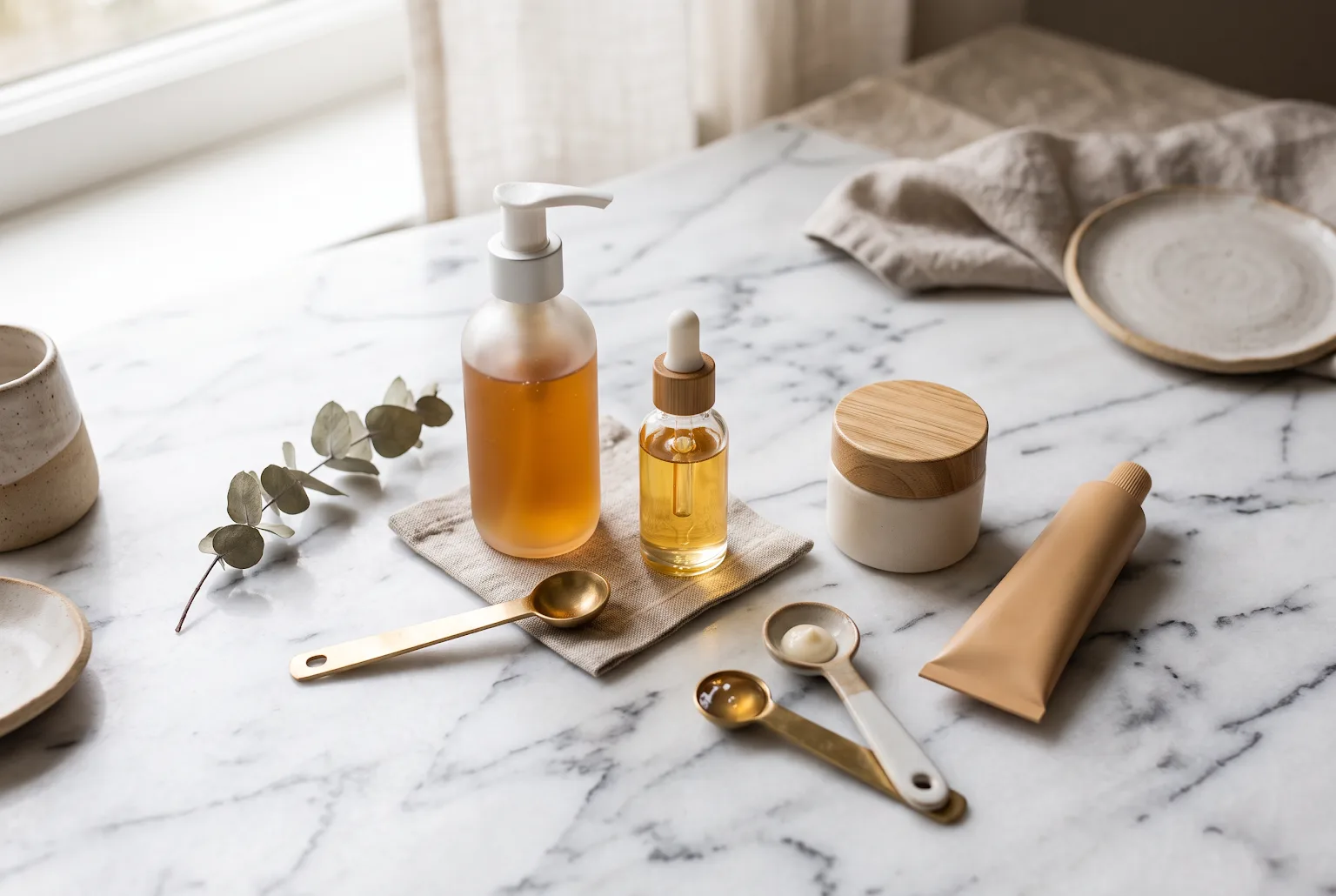 Flat lay of cleanser, serum, moisturizer, and SPF on marble