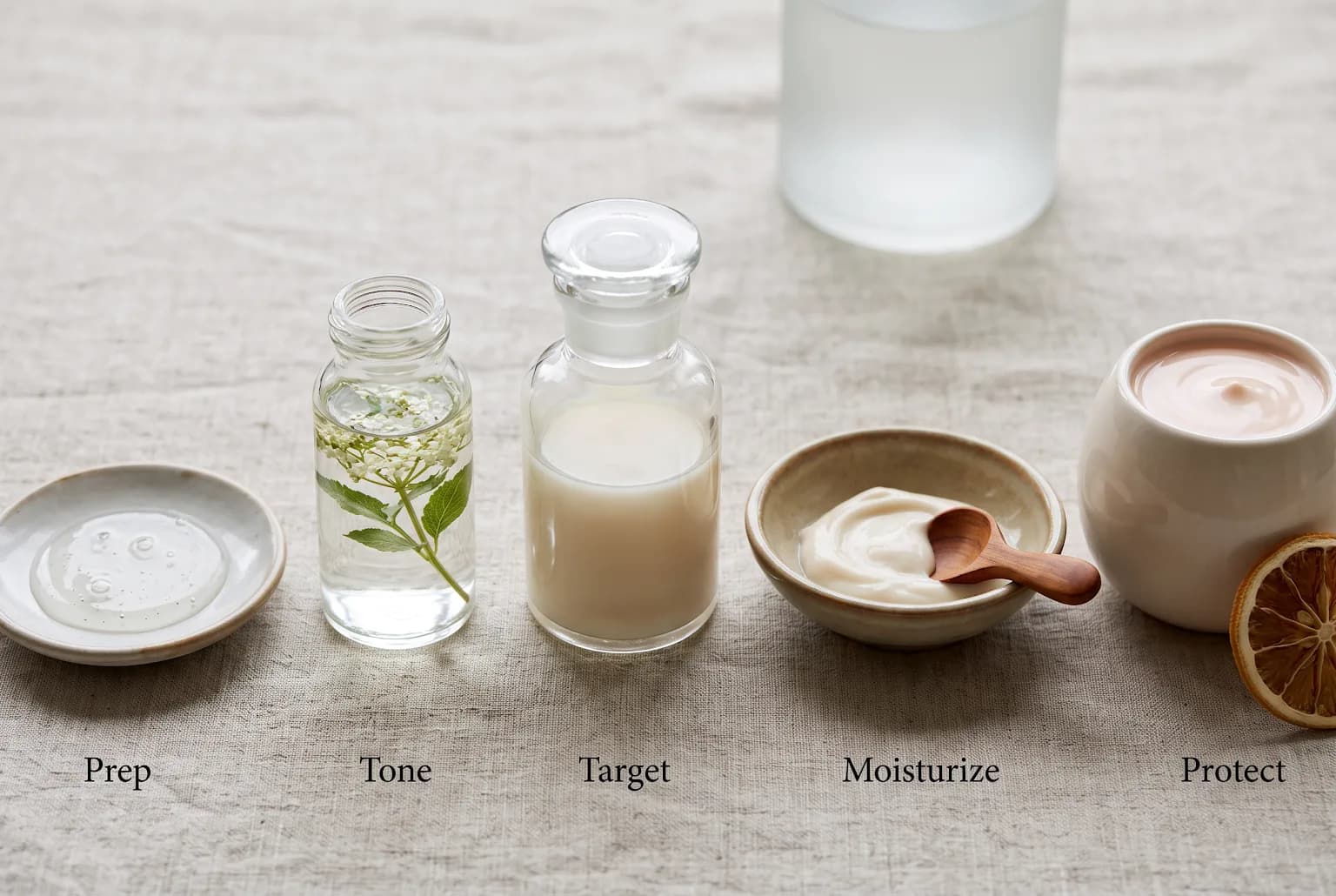 Morning and night skincare flat-lay with sunscreen, serum, cleanser on pale wood