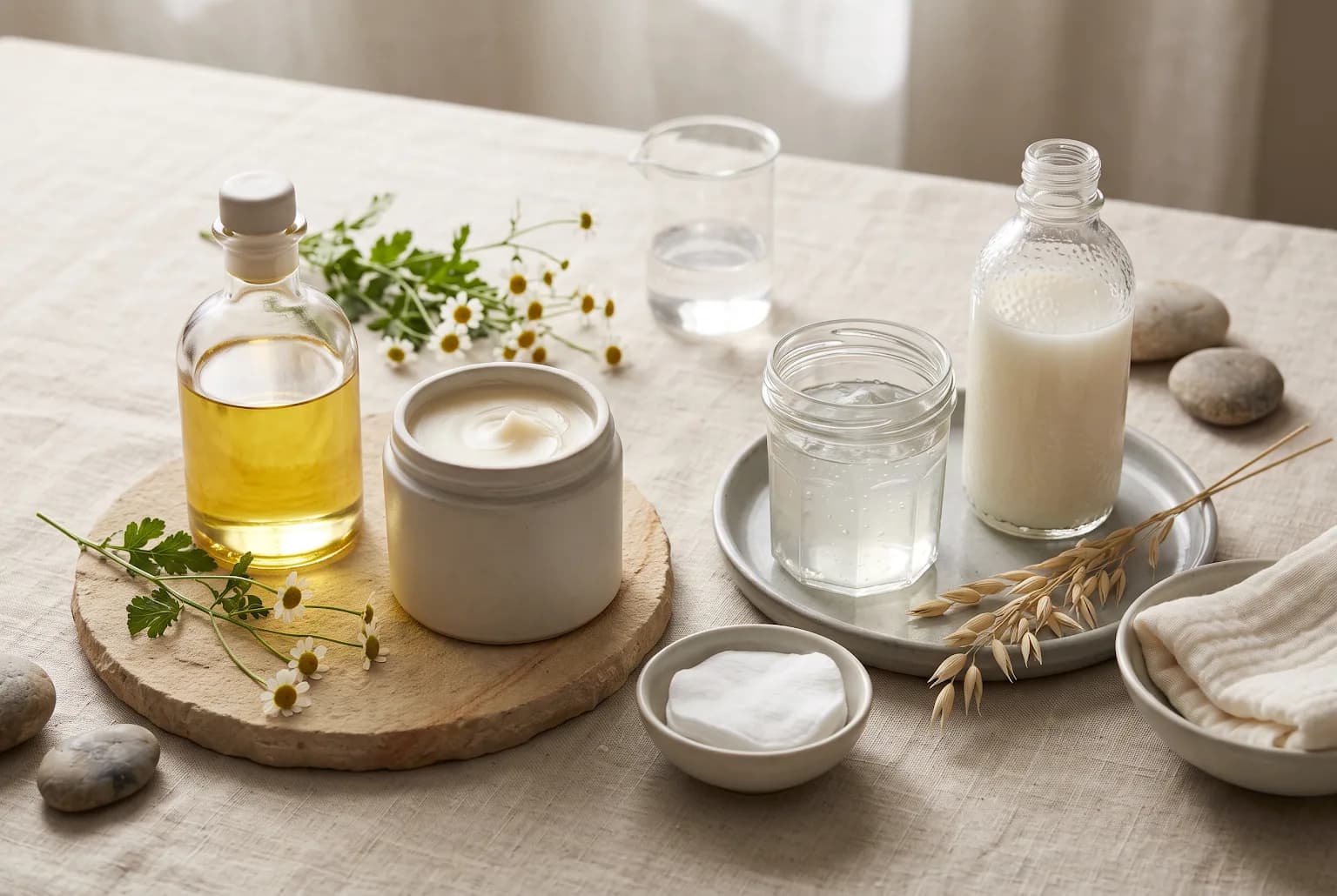 A softly lit vanity scene with a cleansing balm, cream cleanser, and folded cotton washcloth arranged beside a ceramic basin