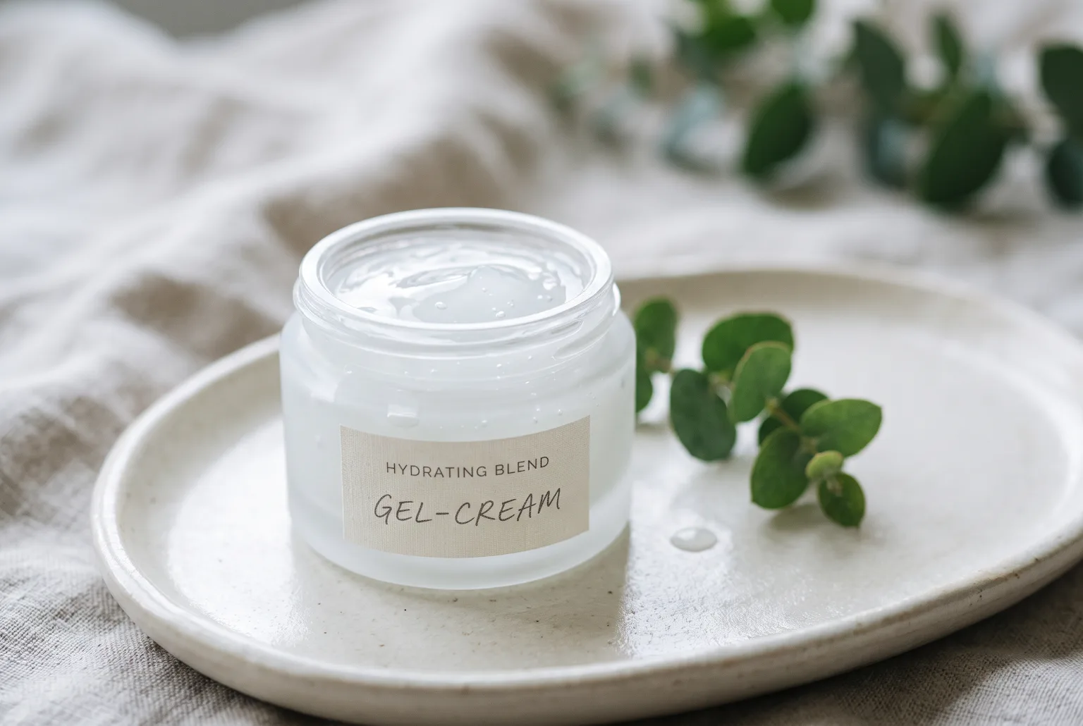 Open jar showing light gel-cream texture on ceramic tray