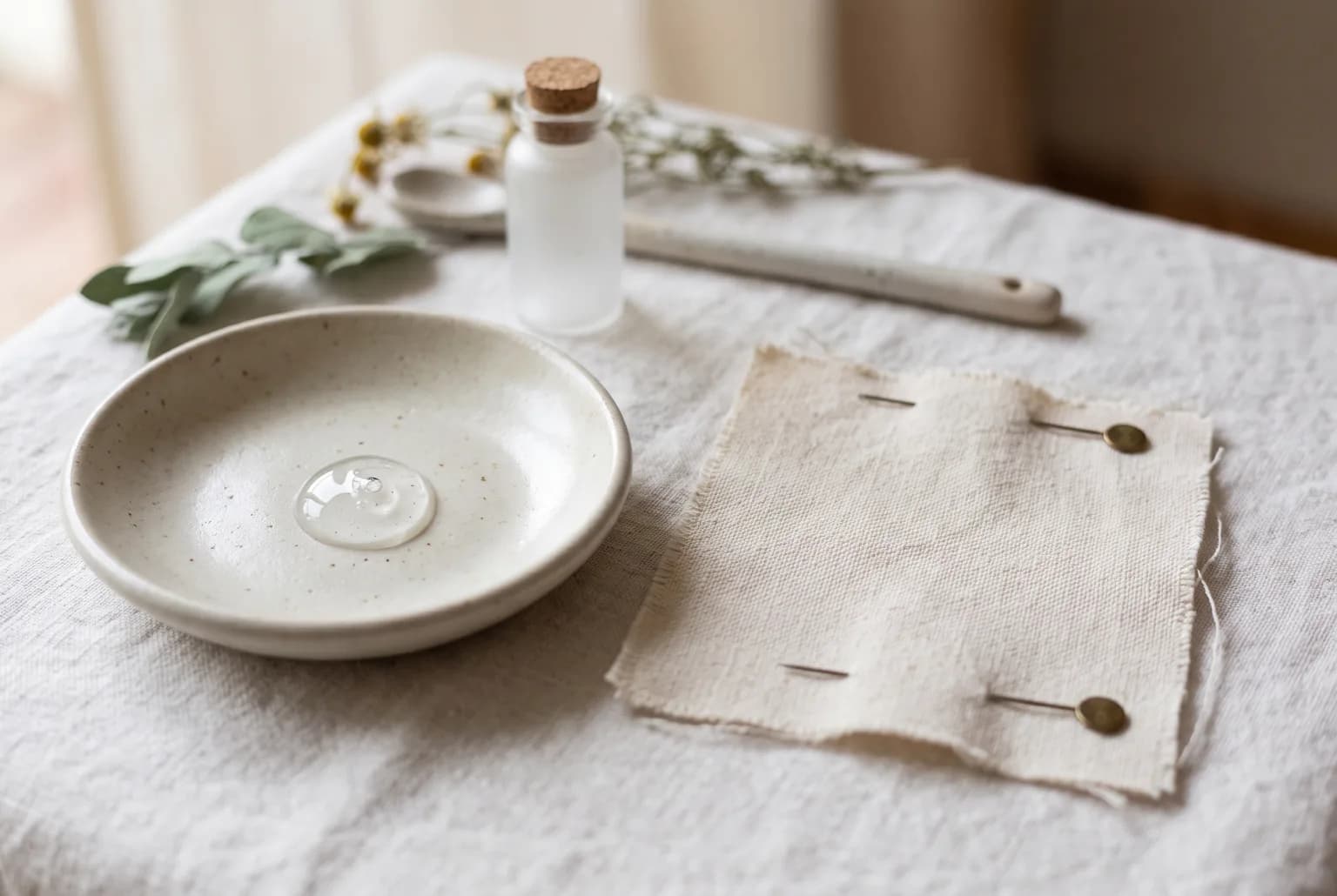 Small dish with a clear serum droplet and cotton band for patch testing