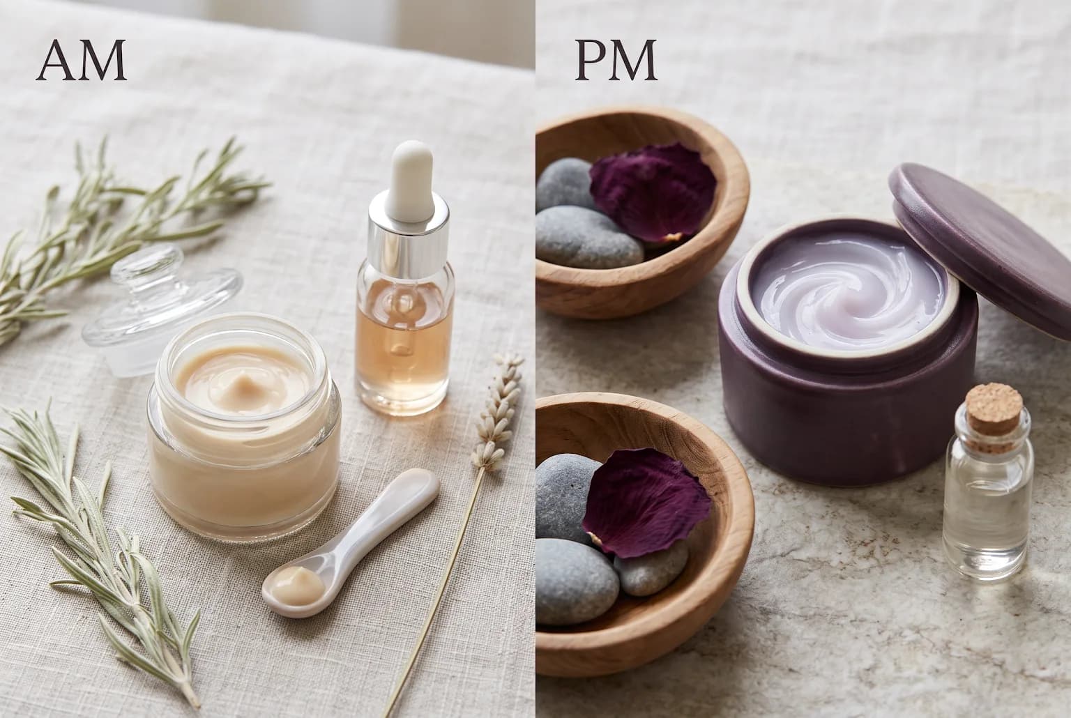 Evening skincare setting with an eye cream placed beside calming bedtime essentials