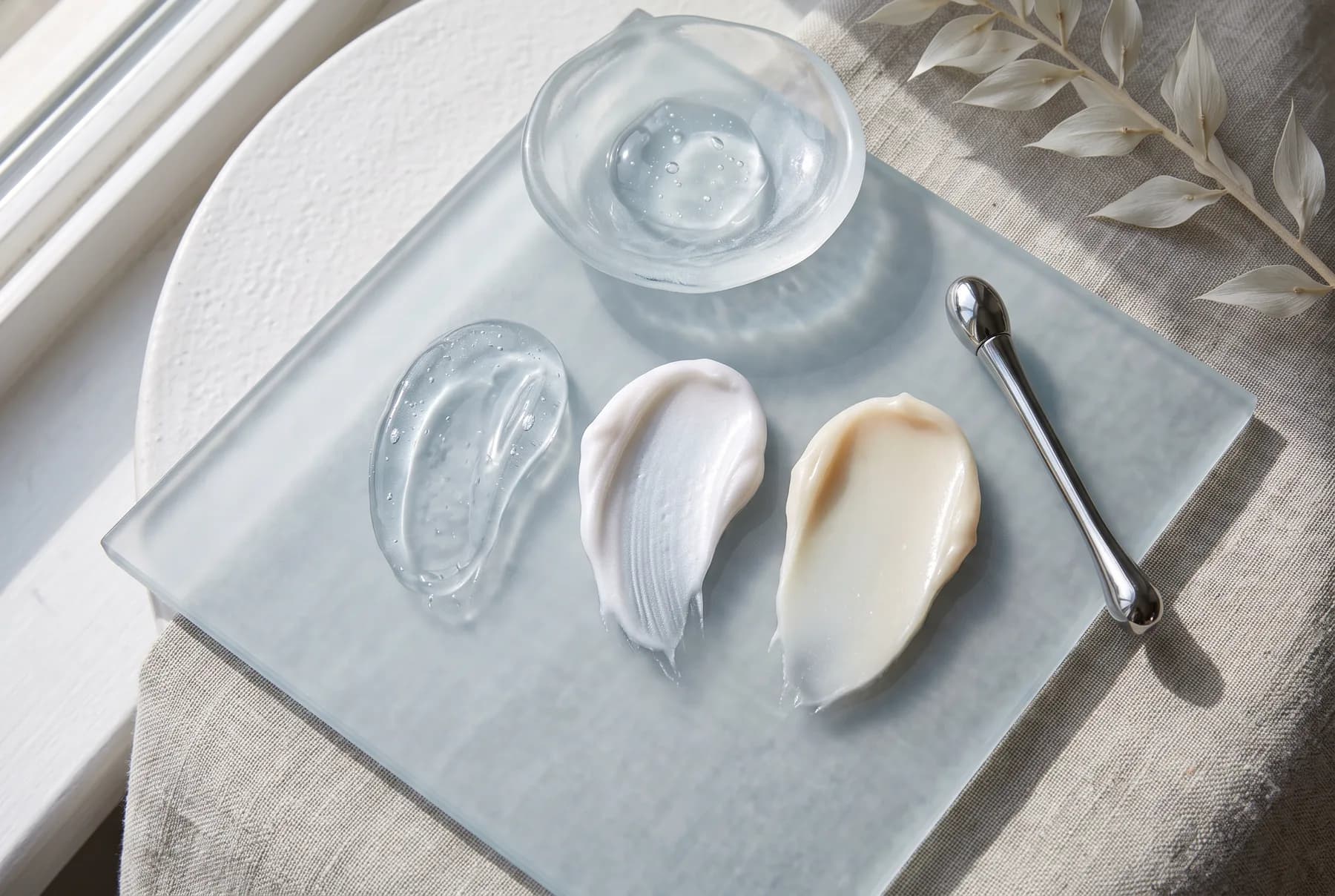Three eye-treatment textures showing gel, cream, and balm formats