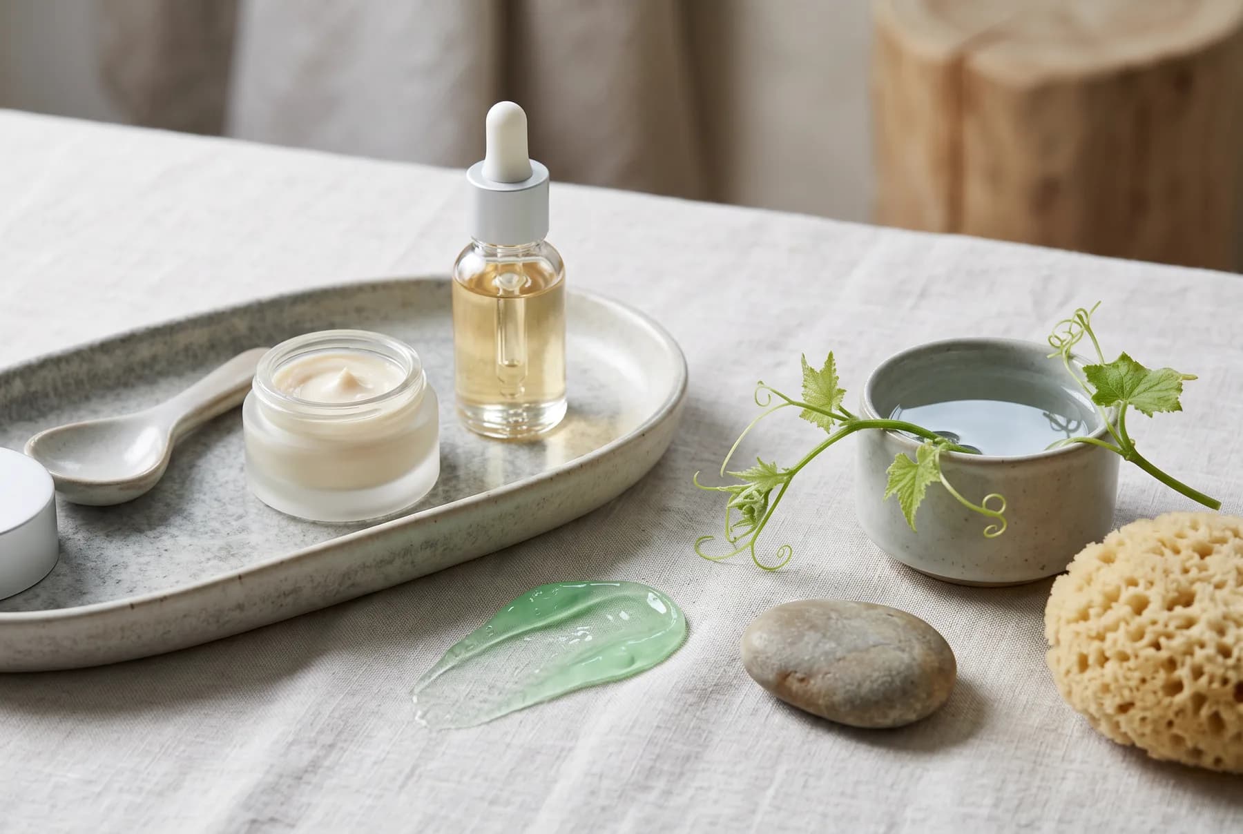 Evening eye-care routine essentials arranged on a bedside table