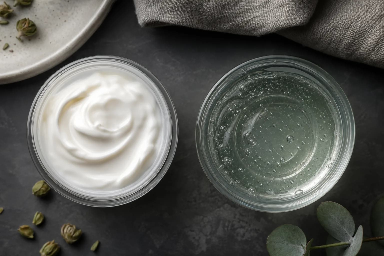 Top-down view of two open jars containing white cream and clear gel.