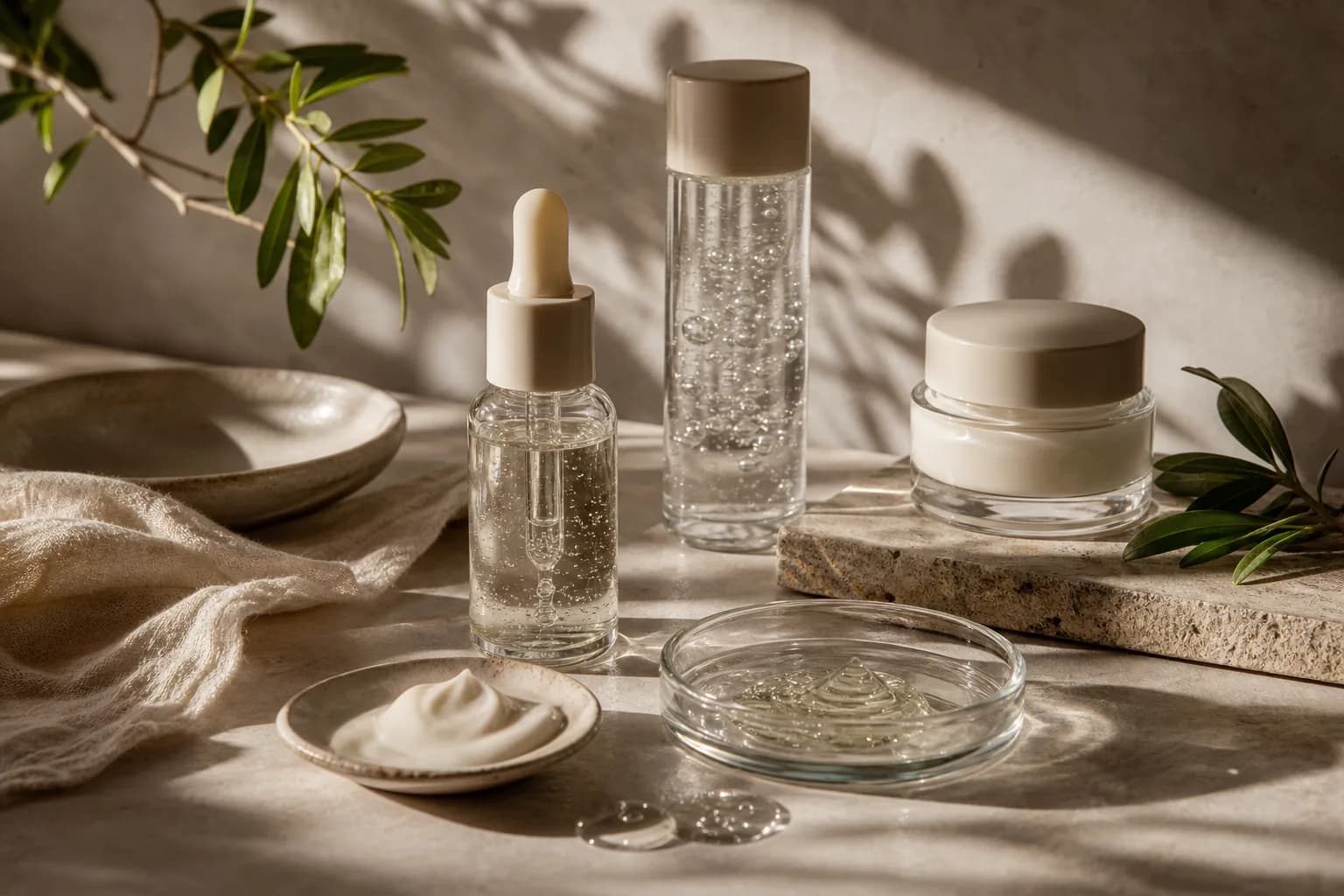 Unlabelled dropper bottle, tall bottle and cream jar with cream and gel samples on a sunlit table.