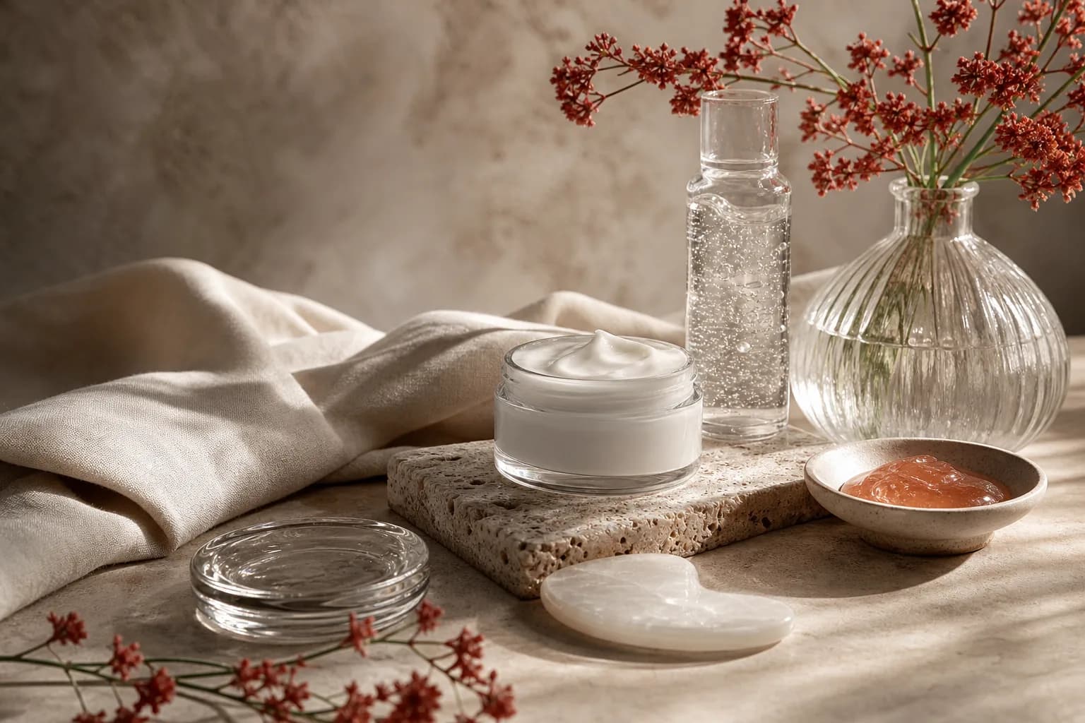 Flat lay hero: hyaluronic dropper, retinoid tube, and sunscreen jar on stone with linen