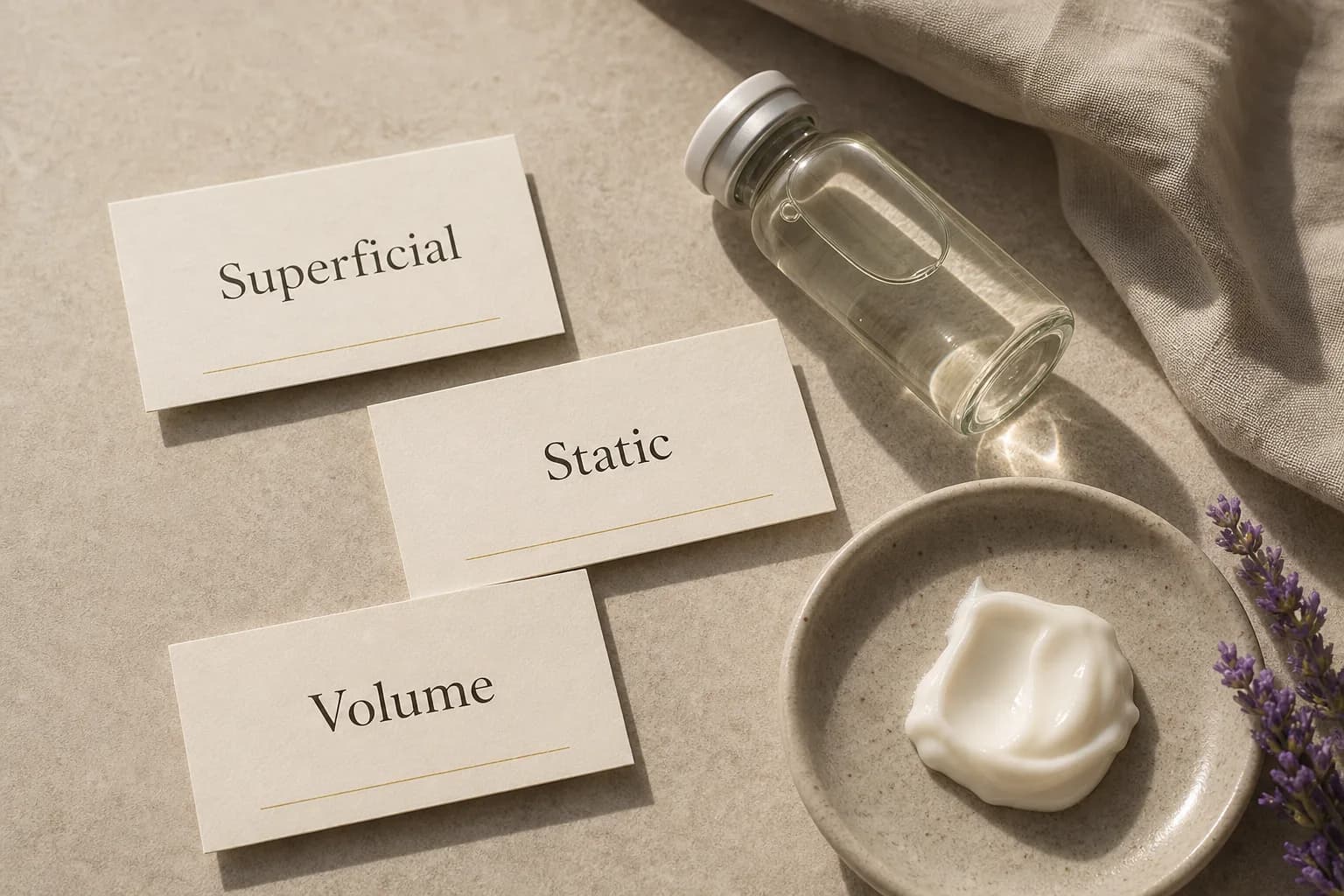 Three cards labeled Superficial, Static, Volume beside a serum vial