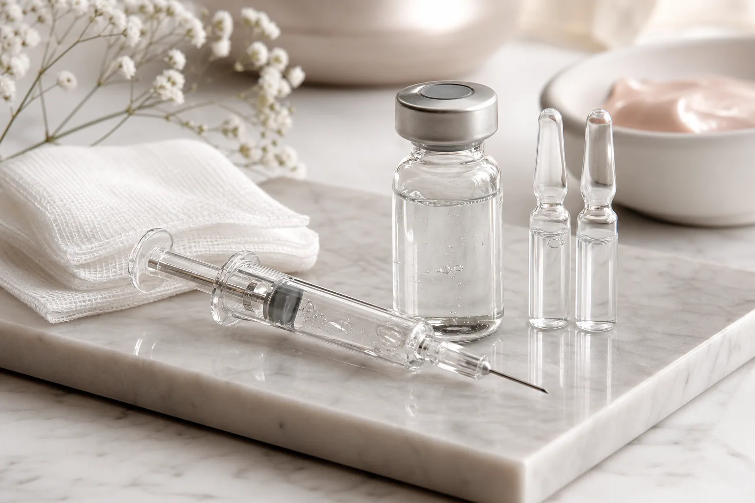 Hyaluronic vial and syringe laid out on marble with gauze