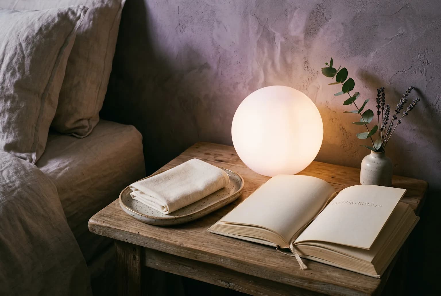 Quiet evening bedside setting that evokes a consistent skin-care routine